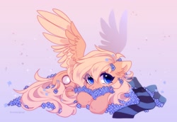 Size: 2500x1716 | Tagged: safe, artist:whiteliar, oc, oc only, oc:mirta whoowlms, pegasus, pony, clothes, eye clipping through hair, female, flower, looking at you, lying down, mare, scarf, solo, spread wings, wings
