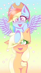 Size: 1500x2668 | Tagged: safe, artist:galaxy swirl, applejack, rainbow dash, pegasus, pony, g4, accessory swap, applejack's hat, cowboy hat, duo, duo female, female, hat, heart, high res, lesbian, mare, one eye closed, open mouth, open smile, ship:appledash, shipping, smiling, spread wings, wings