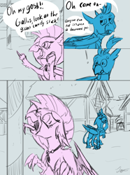 Size: 1299x1747 | Tagged: safe, artist:tigerett, gallus, silverstream, griffon, hippogriff, g4, candy, candy cane, comic, food, funny, instant regret, pole, sketch, tongue frozen, tongue out, tongue stuck, tongue stuck to pole