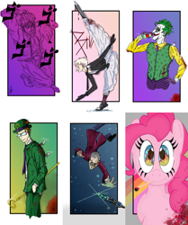 Size: 3897x4654 | Tagged: safe, artist:decrampleo, pinkie pie, earth pony, human, pony, g4, amputee, b: the beginning, bowler hat, bust, clothes, clown, crossover, dc comics, dio brando, doctor who, dress, eye reflection, eyelashes, falling, female, fire, glasses, gloves, hat, izanami, jojo's bizarre adventure, male, mare, matches, mouth hold, necktie, prosthetic leg, prosthetic limb, prosthetics, reflection, scepter, six fanarts, smiling, the joker, the riddler, vest