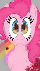 Size: 1299x2327 | Tagged: safe, alternate version, artist:decrampleo, pinkie pie, earth pony, pony, g4, bust, eye reflection, eyelashes, female, fire, mare, matches, mouth hold, reflection, smiling, solo