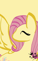 Size: 400x640 | Tagged: safe, artist:amgiwolf, fluttershy, pegasus, pony, g4, bust, eyes closed, female, looking back, mare, signature, simple background, solo, yellow background