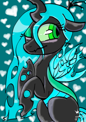 Size: 2480x3508 | Tagged: safe, artist:amgiwolf, queen chrysalis, changeling, changeling queen, g4, crown, eyelashes, female, heart, high res, jewelry, one eye closed, regalia, signature, solo, wink