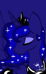 Size: 400x640 | Tagged: safe, artist:amgiwolf, princess luna, alicorn, pony, g4, blue background, bust, ethereal mane, eyes closed, female, looking back, mare, peytral, signature, simple background, solo, starry mane