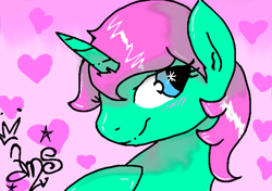 Size: 664x467 | Tagged: safe, artist:amgiwolf, oc, oc only, alicorn, pony, alicorn oc, bust, eyelashes, heart, horn, looking back, signature, simple background, smiling, solo, starry eyes, wingding eyes, wings