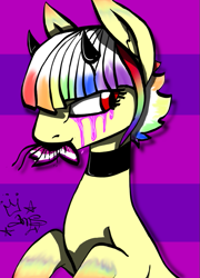 Size: 597x830 | Tagged: safe, artist:amgiwolf, oc, oc only, pony, abstract background, bust, choker, crying, eating, horns, multicolored hair, rainbow hair, signature, solo