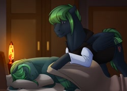 Size: 1280x916 | Tagged: safe, artist:imreer, oc, oc only, pegasus, pony, bed, blanket, clothes, duo, duo male, heterochromia, hoodie, hoof hold, indoors, lava lamp, male, pegasus oc, pillow, sleeping, stallion, tucking in, wings