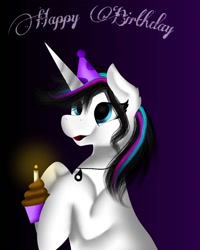 Size: 1080x1350 | Tagged: safe, artist:rxndxm.artist, oc, oc only, oc:shooting star, pony, unicorn, bust, candle, cupcake, female, food, gradient background, happy birthday, hat, horn, jewelry, mare, necklace, party hat, solo, unicorn oc
