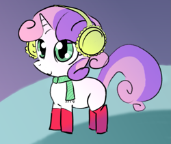 Size: 801x675 | Tagged: safe, artist:branate, sweetie belle, pony, unicorn, g4, blank flank, clothes, cute, diasweetes, earmuffs, female, filly, scarf, smiling, socks, solo