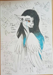 Size: 887x1238 | Tagged: safe, artist:minelvi, oc, oc only, pegasus, pony, bust, crying, ear piercing, earring, grin, jewelry, pegasus oc, piercing, smiling, solo, traditional art, wings
