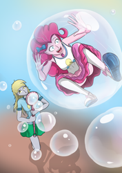 Size: 4961x7016 | Tagged: safe, artist:symptom99, derpy hooves, pinkie pie, human, equestria girls, equestria girls series, g4, balloon, blowing bubbles, bubble, bubble solution, bubble wand, clothes, duo, female, in bubble, open mouth, open smile, pinkie pie trapped in a balloon, pinkie pie trapped in a bubble, schrödinger's pantsu, skirt, smiling, soap bubble, trapped