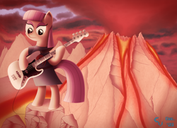 Size: 3615x2604 | Tagged: safe, artist:cosmikvek, maud pie, earth pony, pony, g4, bass guitar, bipedal, cable, clothes, female, guitar, high res, hoof hold, lava, magma, musical instrument, rock, rock (music), smoke, solo, volcano