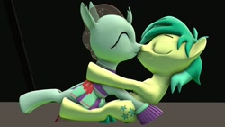 Size: 1280x720 | Tagged: safe, artist:andrescortez7, ocellus, sandbar, changedling, changeling, earth pony, pony, g4, 3d, cheerleader, cheerleader ocellus, cheerleader outfit, clothes, eyes closed, female, interspecies, kissing, male, ship:ocelbar, shipping, source filmmaker, straight