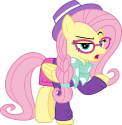 Size: 1807x1851 | Tagged: safe, artist:sketchmcreations, fluttershy, pegasus, pony, fake it 'til you make it, alternate hairstyle, braid, clothes, female, glasses, hat, hipster, hipstershy, mare, open mouth, pants, raised hoof, scarf, simple background, sweater, transparent background, vector, woke