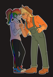 Size: 2400x3450 | Tagged: safe, artist:applejackofalltrades, applejack, rainbow dash, equestria girls, g4, converse, female, height difference, high res, lesbian, pointing, ship:appledash, shipping, shoes, simple background, smiling, smirk