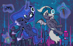 Size: 3600x2300 | Tagged: safe, artist:oyks, princess luna, oc, oc:elizabat stormfeather, alicorn, bat pony, bat pony alicorn, pony, gamer luna, g4, alicorn oc, bat pony oc, bat wings, coffee, commission, controller, diamond pickaxe, duo, duo female, female, flying, food, gamer, glowing horn, grin, headset, high res, hoof shoes, horn, jewelry, latte, looking at each other, mare, minecraft, pickaxe, playstation 4, raised hoof, raised leg, regalia, smiling, wings, ych result