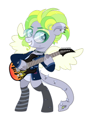 Size: 2624x3490 | Tagged: safe, artist:vi45, oc, oc only, oc:cloud drift, pegasus, pony, g4, augmented tail, bipedal, clothes, collar, commission, denim, ear piercing, earring, eyeshadow, female, freckles, grin, guitar, high res, hoof hold, jacket, jewelry, makeup, mare, markings, mismatched socks, multicolored hair, musical instrument, piercing, raised hoof, simple background, smiling, socks, solo, striped socks, sunglasses, tank top, torn clothes, torn socks, transparent background, ych result