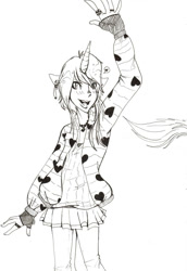 Size: 1024x1491 | Tagged: safe, artist:oukiee, oc, oc only, unicorn, anthro, clothes, fingerless gloves, gloves, horn, lineart, monochrome, open mouth, smiling, solo, unicorn oc, waving