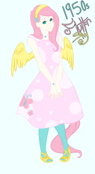 Size: 1153x2106 | Tagged: safe, artist:oukiee, fluttershy, human, g4, 50's fashion, 50s, clothes, cutie mark, cutie mark on clothes, dress, eyelashes, female, flutterwife, hairband, housewife, humanized, sandals, simple background, smiling, solo, tailed humanization, winged humanization, wings