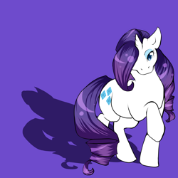 Size: 1500x1500 | Tagged: safe, artist:oukiee, rarity, pony, unicorn, g4, female, hair over one eye, mare, purple background, raised hoof, shadow, simple background, solo