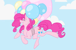 Size: 3015x1989 | Tagged: safe, artist:roboticalpaca, pinkie pie, earth pony, pony, g4, balloon, eyelashes, eyes closed, female, floating, flying, mare, outdoors, smiling, solo, then watch her balloons lift her up to the sky