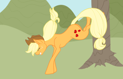 Size: 3048x1968 | Tagged: safe, artist:roboticalpaca, applejack, earth pony, pony, g4, applebucking, applebutt, bucking, butt, eyes closed, female, freckles, grin, hat, mare, mountain, outdoors, plot, smiling, solo, tree