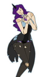 Size: 800x1386 | Tagged: safe, artist:roboticalpaca, rarity, human, g4, clothes, dress, eyes closed, female, horn, horned humanization, humanized, simple background, solo, torn clothes, transparent background