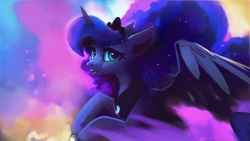 Size: 1920x1080 | Tagged: safe, artist:hierozaki, princess luna, alicorn, pony, g4, crown, cute, ethereal mane, female, heart, hnnng, jewelry, mare, open mouth, regalia, solo, spread wings, starry mane, wallpaper, wings