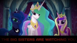 Size: 1280x718 | Tagged: safe, princess cadance, princess celestia, princess luna, pony, g4, my little pony: the movie, 1984, always watching, caption, dark background, looking at you, smiling, text