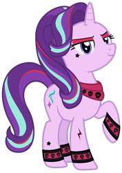 Size: 1500x2122 | Tagged: safe, artist:sketchmcreations, gameloft, starlight glimmer, pony, unicorn, g4, 80s, clothes, edgelight glimmer, eyeshadow, female, gameloft interpretation, makeup, mane highlights, mare, raised hoof, scarf, simple background, smiling, solo, style, transparent background, vector, wristband