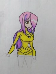 Size: 1224x1632 | Tagged: safe, artist:lynnmaprangs2005, fluttershy, human, g4, bust, clothes, cross, crossover, female, hair over one eye, humanized, parasoul, skullgirls, solo, traditional art