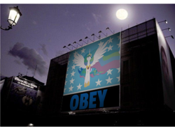 Size: 400x300 | Tagged: safe, princess celestia, g4, billboard, flag of equestria, night, obey, oh crap, oh no, propaganda