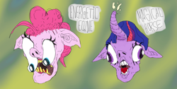 Size: 1419x716 | Tagged: safe, artist:oddlyunadventurous, pinkie pie, twilight sparkle, earth pony, pony, g4, abstract background, bust, duo, eyelashes, female, mare, open mouth