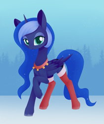 Size: 1107x1317 | Tagged: safe, artist:dusthiel, princess luna, alicorn, pony, g4, bedroom eyes, bell, bell collar, christmas, clothes, collar, cute, eyeshadow, female, holiday, lunabetes, makeup, mare, raised hoof, snow, socks, solo, stockings, thigh highs, tree