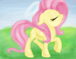 Size: 362x280 | Tagged: safe, artist:bestpartofwakingup, fluttershy, pegasus, pony, g4, eyelashes, female, grass, mare, outdoors, raised hoof, solo