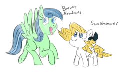 Size: 400x231 | Tagged: safe, artist:bestpartofwakingup, oc, oc:sunshower, pegasus, pony, duo, eyelashes, open mouth, pegasus oc, simple background, white background, wings