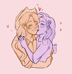 Size: 2000x2031 | Tagged: safe, artist:mewclown_, applejack, rarity, human, equestria girls, g4, blushing, cheek kiss, duo, female, high res, kissing, lesbian, ship:rarijack, shipping