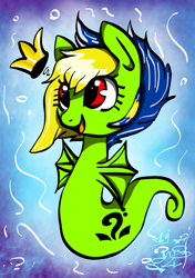 Size: 1024x1455 | Tagged: safe, artist:amgiwolf, oc, oc only, oc:viexy ams, seapony (g4), crown, eyelashes, female, jewelry, open mouth, regalia, signature, smiling, solo