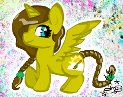 Size: 900x709 | Tagged: safe, artist:amgiwolf, oc, oc only, oc:golden brush, alicorn, pony, abstract background, alicorn oc, braid, braided tail, eyelashes, horn, signature, smiling, solo, starry eyes, wingding eyes, wings