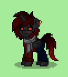 Size: 552x627 | Tagged: safe, oc, oc:negative, alicorn, pony, pony town, alicorn oc, clothes, ear piercing, earring, eye scar, hoodie, horn, jeans, jewelry, pants, piercing, scar, scarf, wings