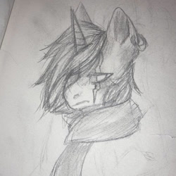 Size: 1000x1000 | Tagged: safe, artist:orange pie, oc, oc only, oc:negative, alicorn, pony, clothes, ear piercing, earring, eye scar, jewelry, piercing, scar, scarf, sketch, solo, traditional art