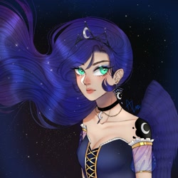 Size: 2000x2000 | Tagged: source needed, safe, artist:aum.xdd_14, princess luna, human, g4, alternative cutie mark placement, breasts, bust, choker, cleavage, clothes, cutie mark on human, ear piercing, ethereal mane, female, high res, humanized, piercing, solo, starry mane