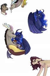 Size: 1280x1920 | Tagged: safe, artist:periwinklechick, discord, doctor caballeron, princess luna, oc, oc:chimera, oc:spring caballeron, alicorn, earth pony, pony, g4, cuddling, curved horn, female, horn, interspecies offspring, male, mare, offspring, parent:discord, parent:doctor caballeron, parent:fluttershy, parent:tree hugger, parents:caballershy, parents:treecord, ship:lunacord, shipping, simple background, stallion, step-mother, step-parent and step-child, straight, white background