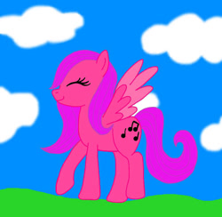 Size: 768x750 | Tagged: safe, artist:agentkit95, oc, oc only, pegasus, pony, cloud, eyelashes, eyes closed, grass, outdoors, pegasus oc, smiling, solo, wings