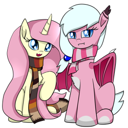 Size: 1400x1400 | Tagged: safe, artist:truffle shine, derpibooru exclusive, oc, oc only, oc:bipen, oc:zoey nano, bat pony, pony, unicorn, 2021 community collab, derpibooru community collaboration, clothes, duo, female, hairpin, horn, looking at you, not fluttershy, scarf, side by side, simple background, transparent background, wings
