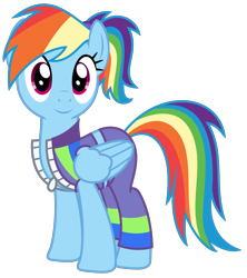 Size: 1500x1688 | Tagged: safe, artist:sketchmcreations, rainbow dash, pegasus, pony, alternate hairstyle, buckball fan gear rainbow dash, clothes, cute, dashabetes, female, gameloft, gameloft interpretation, jacket, looking at you, mare, pants, ponytail, simple background, smiling, sports bra, sweatpants, transparent background, vector