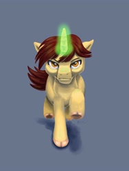 Size: 3000x4000 | Tagged: safe, artist:catscratchpaper, oc, oc:ethereal divide, pony, unicorn, charge, facing you, galloping, glowing horn, horn, magic, magic aura, male, serious, serious face, simple background, stallion, stoic