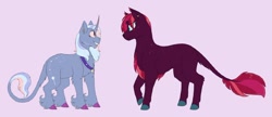 Size: 1280x551 | Tagged: safe, artist:cboyd124, fizzlepop berrytwist, tempest shadow, trixie, classical unicorn, pony, unicorn, g4, broken horn, cloven hooves, female, horn, leonine tail, lesbian, looking at each other, mare, purple background, ship:tempestrix, shipping, simple background, unshorn fetlocks