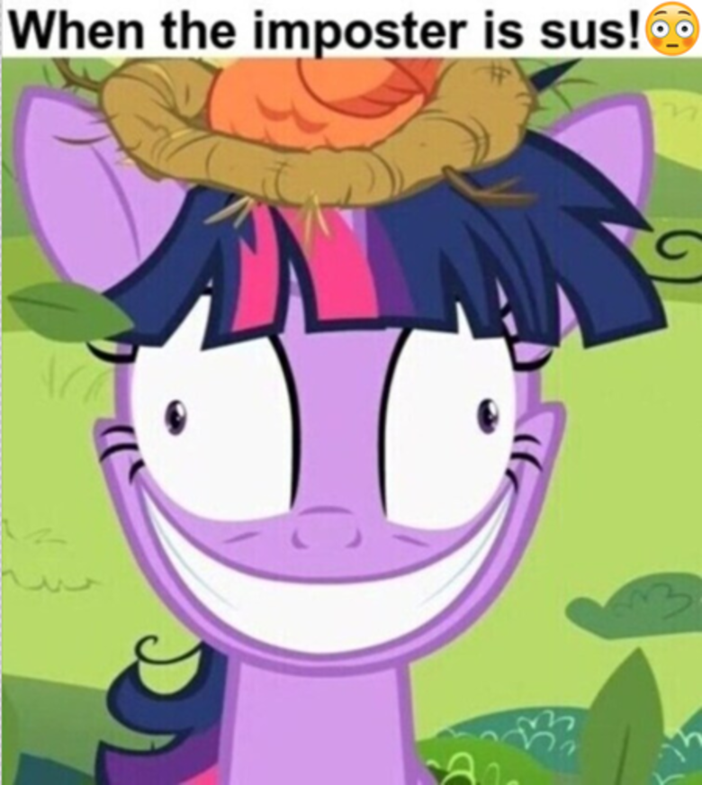 2509444 - safe, edit, edited screencap, screencap, constance, twilight  sparkle, bird, pony, unicorn, g4, lesson zero, amogus, among us, crazy  smile, faic, female, grin, insanity, jerma985, mare, meme, nest, ponified  meme, shitposting