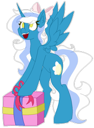 Size: 599x810 | Tagged: safe, artist:spaazledazzle, oc, oc:fleurbelle, alicorn, pony, alicorn oc, bow, christmas, female, hair bow, holiday, horn, mare, present, simple background, transparent background, wings, yellow eyes